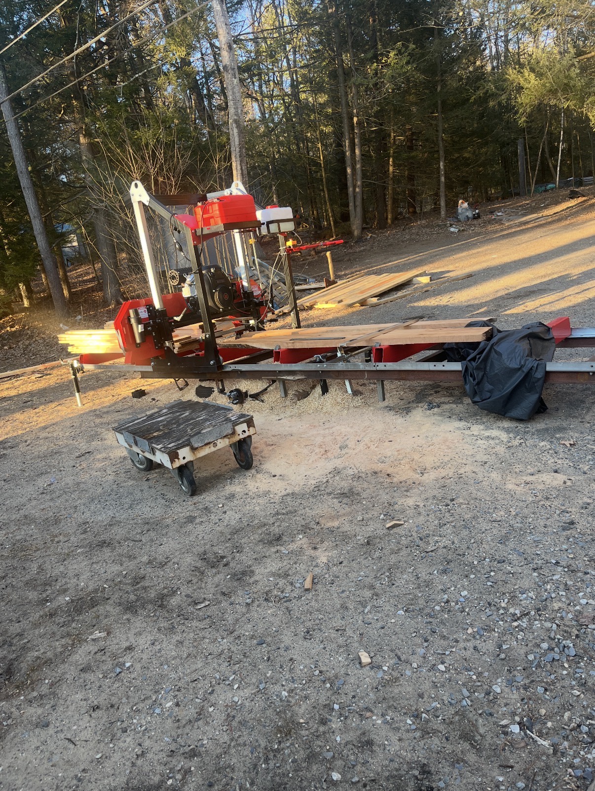 D&C's portable bandsaw sawmill with fresh-milled boards on the rails